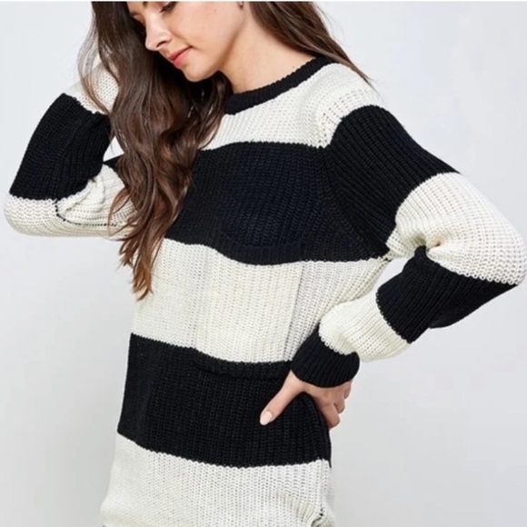 Striped Black and White Women's Sweater - Picture 1 of 5